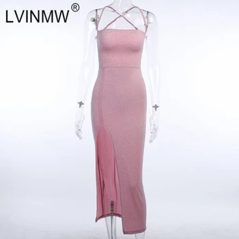 LVINMW Sexet Pink Black Lace Up Cross Ankel-Længde Slank Party Dress Kvindelige Mode Skinnende Slash Hals Side Split Hule Kjole