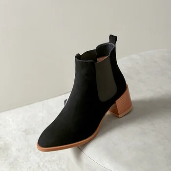 SKLFGXZY Nye stil Ægte læder Mode støvler Kvindelige støvler dame støvler-High heels sort koskind Kvinders sko Størrelse 34-40
