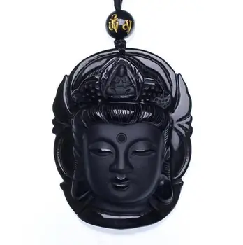 Naturlig Sort Obsidian Vedhæng Avalokiteshvara Buddha Guanyin Hoved Amuletter Og Talismaner Krat Vedhæng Med Perle Halskæde
