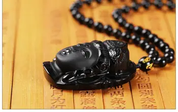 Naturlig Sort Obsidian Vedhæng Avalokiteshvara Buddha Guanyin Hoved Amuletter Og Talismaner Krat Vedhæng Med Perle Halskæde