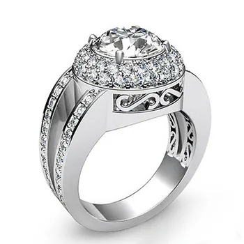 Luksus Kvindelige Hule Zircon Store Ring Vintage Silver Farve Vielsesring Klassisk Hvid Rund Krystal Forlovelsesringe For Kvinder