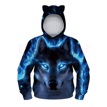 INPEPNOW Wolf 3D-Print Sweatshirt til Drenge Kat Øre Cap-School Kids Hættetrøjer til Piger Sweat Shirt Kostume til Teenagere, Sport, Tøj