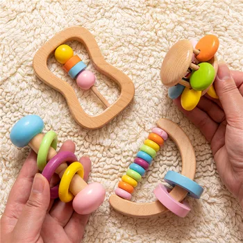 Træ-Legetøj Farverige Baby Rangle Set Sikre Fødevarer Kvalitet Træ Rangle Sut Armbånd Bidering Sæt Montessori Lille Barn Legetøj Bell Gave