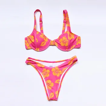 2021 Sexet Pink Gule Blomster Brasilianske Push Up Bikini Sæt Bøjle Micro G-Streng Svømme Badekar, Der Passer Kvinder Swimsuit Badetøj, Stykke 2