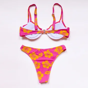 2021 Sexet Pink Gule Blomster Brasilianske Push Up Bikini Sæt Bøjle Micro G-Streng Svømme Badekar, Der Passer Kvinder Swimsuit Badetøj, Stykke 2