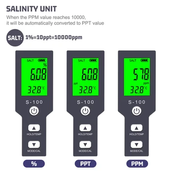 Yieryi S-100 Digitale Saltholdighed Meter 4 i 1 TDS/EF/Saltindhold/TEMP Vand Kvalitet Tester for Aquarium, Hydroponics, Swimmingpool