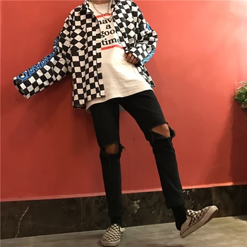 Hiphop Checker Shirt Mænd Ulzzang Harajuku Stil Skakternet Brand Oversize Koreanske Mænd Efteråret Udskrivning Plaid Shirt Hippie Unisex