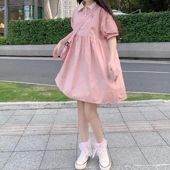 Japansk sød college vind kjole kvindelige 2020 sommeren nye polo krave løs, kortærmet sommer kjoler preppy stil vestidos