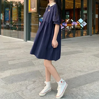 Japansk sød college vind kjole kvindelige 2020 sommeren nye polo krave løs, kortærmet sommer kjoler preppy stil vestidos