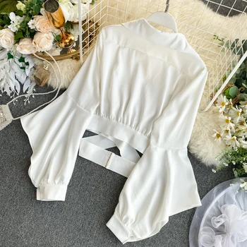 Kvinder I Sort/Hvid Hule Ud Bluse Efteråret 2020 Afslappet Langærmet Turn-Down Krave Skjorte Elegante Enkelt-Breasted Korte Toppe Ny