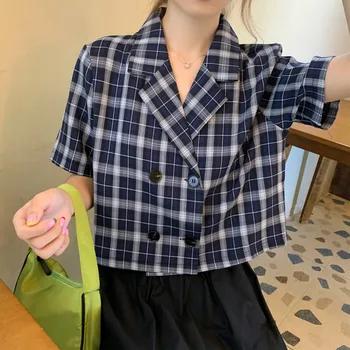 Bluser Skjorter Kvinder Plaid Hak Dobbelt Breasted Retro Beskåret Stilfulde Kontor Damer Koreansk Stil, Afslappede, Elegante Toppe Smarte Ins