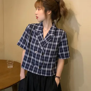 Bluser Skjorter Kvinder Plaid Hak Dobbelt Breasted Retro Beskåret Stilfulde Kontor Damer Koreansk Stil, Afslappede, Elegante Toppe Smarte Ins