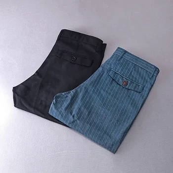 2019 Nye design sommer hør og bomuld shorts mænd brand stribede shorts herre casual fashion blå striber kort mandlige bermuda