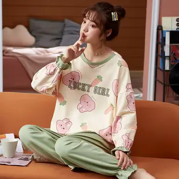 Pyjamas Sæt Kvinder Trykt i Stor Størrelse 5XL Løs Efteråret Bomuld Pyjamas Sæt Piger Åndbar koreansk-stil Kødet Sød Trendy Ins