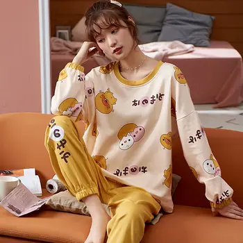 Pyjamas Sæt Kvinder Trykt i Stor Størrelse 5XL Løs Efteråret Bomuld Pyjamas Sæt Piger Åndbar koreansk-stil Kødet Sød Trendy Ins