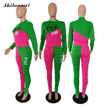 Nye Pink Brev Print Casual 2 Delt Sæt Kvinder Street Joggere Sæt Tøj Farve Patchwork Langærmet Top Tynde Leggings, Der Passer