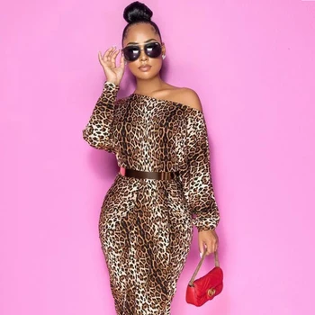 Gepard, Leopard Trykt Elegante Bodycon Dress Kvinder, Den Ene Skulder Lange Ærmer Tynde Kjoler Foråret 2021 Front Høje Split Kjole