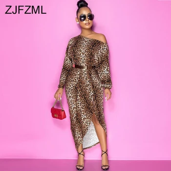 Gepard, Leopard Trykt Elegante Bodycon Dress Kvinder, Den Ene Skulder Lange Ærmer Tynde Kjoler Foråret 2021 Front Høje Split Kjole