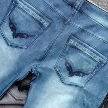 Kvinder Vintage Wash Color Denim Print Leggings Lav Stigning Elastisk Blyant Bukser Problemfri Ankel Længde Tynde Falske Jeans