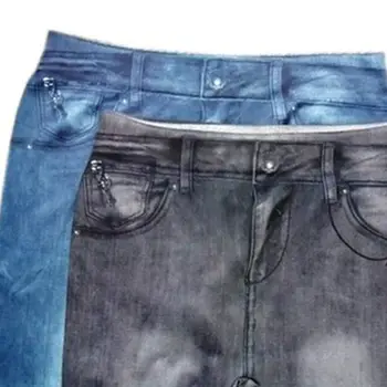 Kvinder Vintage Wash Color Denim Print Leggings Lav Stigning Elastisk Blyant Bukser Problemfri Ankel Længde Tynde Falske Jeans