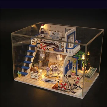 3D træhus DIY blå kyst dukke Hus Kit Miniature Møbler, LED-Lys hjem, bryllup, Fødselsdag, Jul Gif