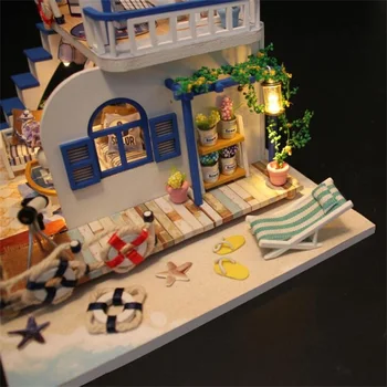 3D træhus DIY blå kyst dukke Hus Kit Miniature Møbler, LED-Lys hjem, bryllup, Fødselsdag, Jul Gif