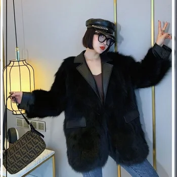 Bella filosofi vinteren kvinder Elegante solid satin fox fur frakke dame Casual Varme Frakker kvinder med Lange Ærmer Overtøj