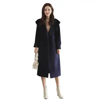 Kvindernes nye uldne frakke koreanske lang løs outwear bælte slank hætteklædte jakke plus size efterår og vinter kvalitet kvindelige Vindtæt frakke