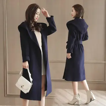 Kvindernes nye uldne frakke koreanske lang løs outwear bælte slank hætteklædte jakke plus size efterår og vinter kvalitet kvindelige Vindtæt frakke