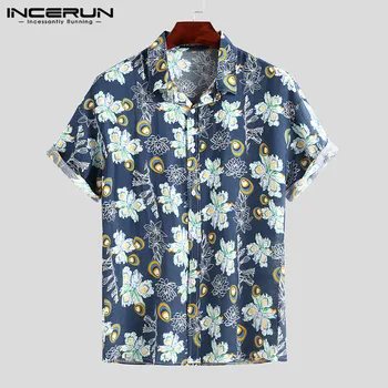 INCERUN Sommer Mode Mænds Hawaii-Skjorte Blomster Print 2021 Casual Korte Ærmer Revers Stranden Shirts Ferie Streetwear Camisa