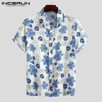 INCERUN Sommer Mode Mænds Hawaii-Skjorte Blomster Print 2021 Casual Korte Ærmer Revers Stranden Shirts Ferie Streetwear Camisa