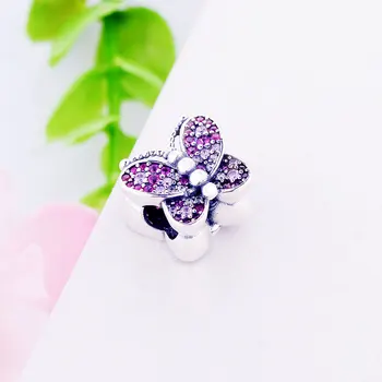 Engros-Pris 925 Sterling Sølv-Perle-Charme Tre-dimensionelle Blændende Pink Butterfly Perle, Fit Armbånd Diy Smykker