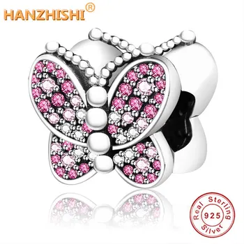 Engros-Pris 925 Sterling Sølv-Perle-Charme Tre-dimensionelle Blændende Pink Butterfly Perle, Fit Armbånd Diy Smykker
