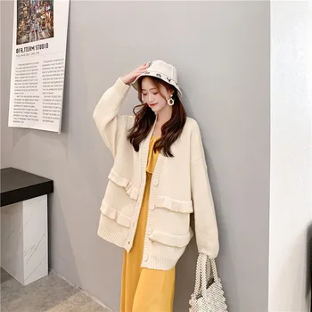 2020 efteråret alle-match single-breasted mode strik cardigan sweater med ren farve, træ ører kvinder koreanske version doven