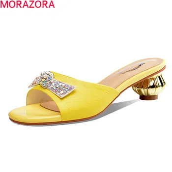 MORAZORA 2020 Nye mode kvinder muldyr sko med hæle firkantet tå damer sko sommeren søde kvinder, tøfler blå sort