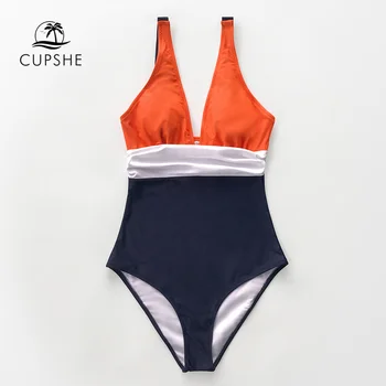 CUPSHE Orange Hvid og Navy Ruching i Ét Stykke Badedragt Sexet-V-hals Kvinder Monokini 2021 Piger Stranden Bathing Suits, Badetøj