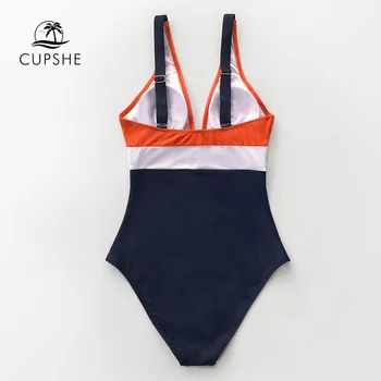 CUPSHE Orange Hvid og Navy Ruching i Ét Stykke Badedragt Sexet-V-hals Kvinder Monokini 2021 Piger Stranden Bathing Suits, Badetøj