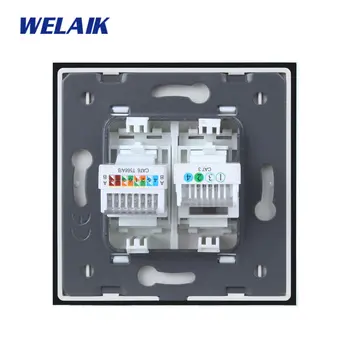 WELAIK-1 Brand-Gratis Fragt RJ45 CAT6 Krystal Glas Panel EU ' s Wall Telefon+Computer-Bøsning Europæisk Standard Stikkontakt A18TPCOW