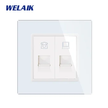 WELAIK-1 Brand-Gratis Fragt RJ45 CAT6 Krystal Glas Panel EU ' s Wall Telefon+Computer-Bøsning Europæisk Standard Stikkontakt A18TPCOW