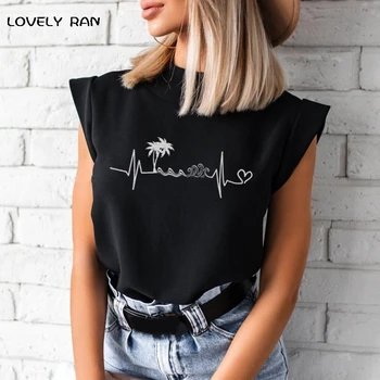 Kvinder ' s T-Shirt uden Ærmer Hjertet Coconut Tree Bølge Print T-shirts Kvindelige Stå Krave Streetwear Kontor Dame 2021 Sommer Tees