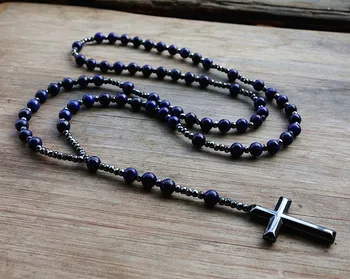 6mm Lapis Lazuli stone bead & Hæmatit kors halskæde til Mænd, Kvinder Katolske Kristus Rosenkrans halskæde