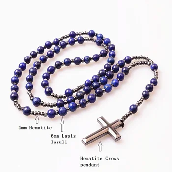 6mm Lapis Lazuli stone bead & Hæmatit kors halskæde til Mænd, Kvinder Katolske Kristus Rosenkrans halskæde