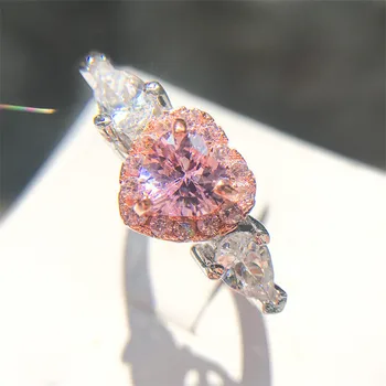 Vielsesringe For Kvinder Solid S925 Sølv Pink Hjerte Cubic Zirconia Romantiske Brude Ring Fine Smykker, Charms Tilbehør