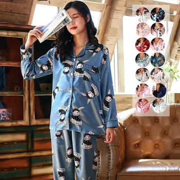 Fall Winter Plus Size Pijamas Mujer langærmet Cardigan Top og Bukser Kawaii Trykt Is Silke Home Service Nattøj Tøj