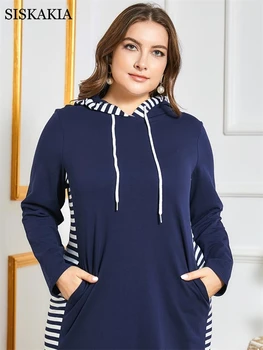 Siskakia Hætte Sweatshirt Kjole til Kvinder Vinteren 2020 Mode Stribe Patchwork Fuld Ærme arabisk Muslimsk Tøj Lang Navy Blå