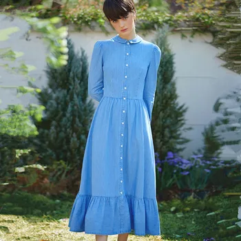 Kvinder Lang Denim Kjole Foråret Efteråret 2020 koreansk Mode Søde Single Breasted Long-sleeve Passer til Flare Jeans Kjole Kvindelige