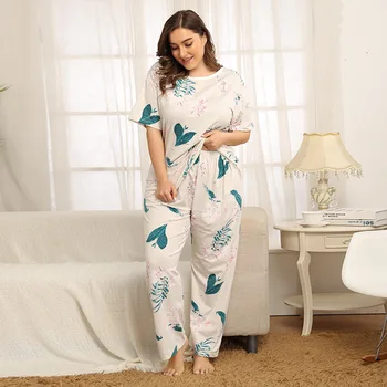 DOIB Plus Size Pyjamas Sæt Kvinder i Stor Størrelse Hvid T-Shirt, Bukser Homewear To Stykker Sæt Nattøj Løs Nattøj