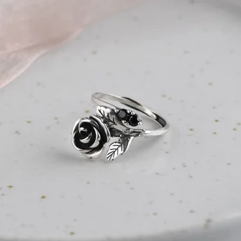FNJ Steg Blomst Ringe 925 Sølv Justerbar Størrelse Ægte S925 Massivt Sølv Ring for Kvinder Smykker Fine Sorte Zircon