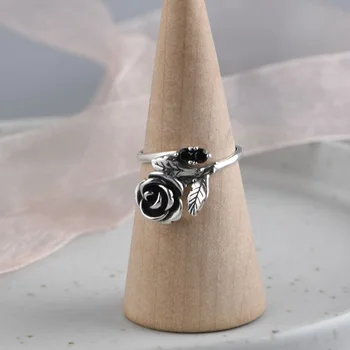 FNJ Steg Blomst Ringe 925 Sølv Justerbar Størrelse Ægte S925 Massivt Sølv Ring for Kvinder Smykker Fine Sorte Zircon