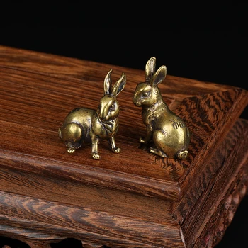1 Par Antik Kobber Zodiac Lucky Rabbit Statue Ornamenter Vintage Solid Messing Dyr Miniature Figur Te Pet-Reception Dekoration